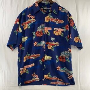 Box Office Island Shirt Mens Large Blue Classic Car Hibiscus‎ Tropical Button Up